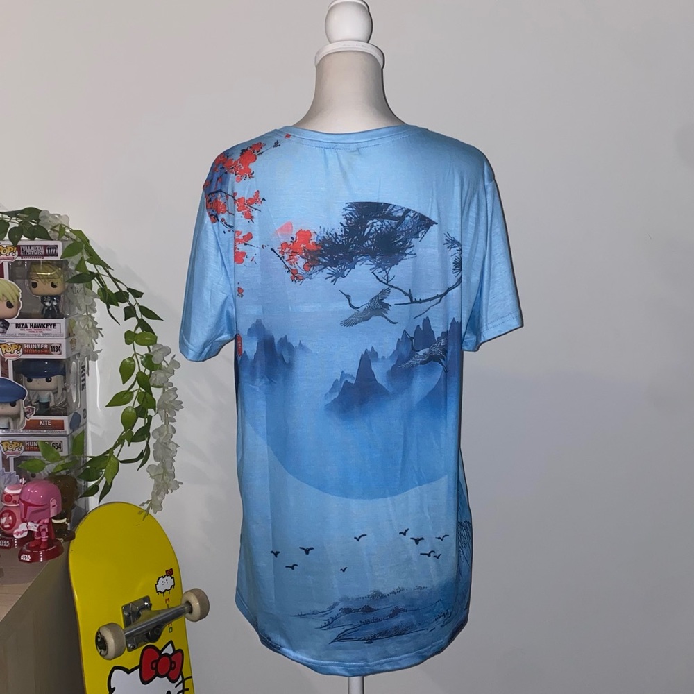 Blue and red Asian-inspired flower and bird graphic tee
